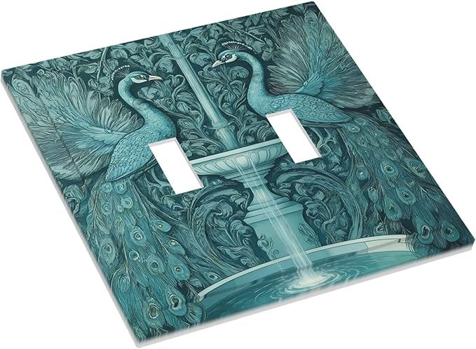 Art Nouveau Peacocks & Fountain in Teal Garden Double Toggle Switch Cover - 2-Gang Standard US Size Elegant Garden Escape Light Switch Covers for Living Room Decor
