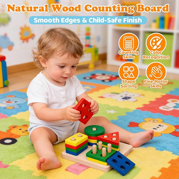 Montessori Toys for Toddlers 1-3, 7-in-1 Educational Activity Toy Set with Soft Cloth Book, Stacking Blocks & Learning Toys, Birthday Gifts for Boys Girls