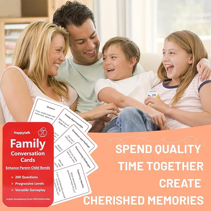 Happytalk Conversation Cards for Kids - 200 Engaging Questions for Family Game Night, Road Trips & Therapy Games, Perfect for Quality Family Time & Fun Conversations
