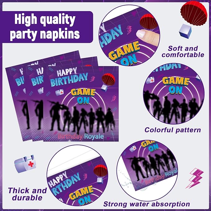 98PCS Game Birthday Party Decors Video Game Party Plates Napkins Tablecloths Neon Gaming Birthday Royale Tableware Set Gaming Disposable Table Cover for Kids Boys Girls Gamer Theme Parties Supplies