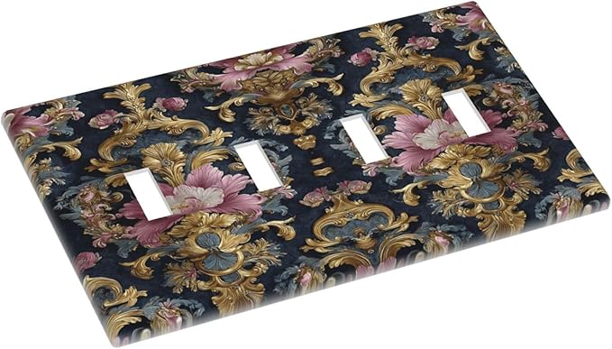 Decorative Light Switch Cover Plate Rococo Pink Floral Flower Gold Leaf 4 Gang Wall Plates for Electrical Outlets Quad Toggle Switch Plate Covers Outlet Covers Faceplate for Home Decor