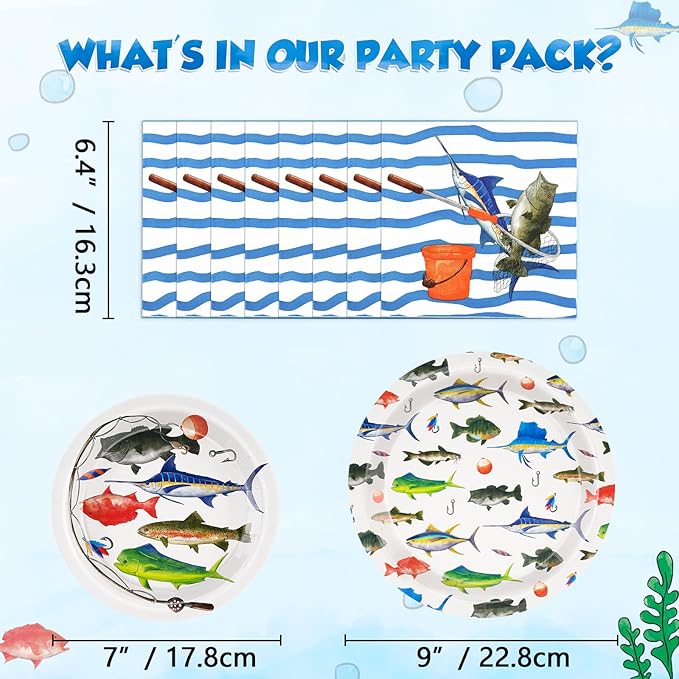 WERNNSAI Fishing Party Decorations - 48PCS Tropical Fish Birthday Party Decorations Fishing Plates Napkins Tablmeware Set for Boys Baby Shower Fisherman Birthday Party Decor Serves 16 Guests