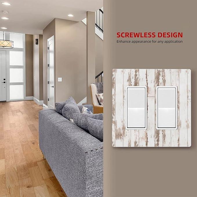 White Grey Wood 2 Gang Double Rocker/Decor Light Switch Cover Decorative Outlet Wall Plate Electrical Faceplate Home Bedroom Art Panel Decor Screwless 4.7" x 4.6