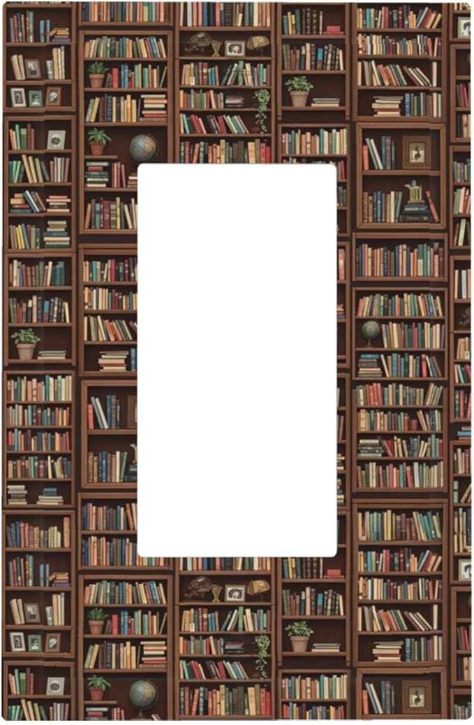 Vintage Library Bookshelf Single Rocker Switch Cover - 1-Gang Standard US Size Dark Academia Book Lover's Dream Light Switch Covers, Cozy Bookshelf for Study Room Decor
