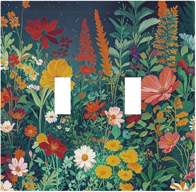 Decorative Switch Plate Cover with Wildflowers & Stars Botanical Floral Art Design 2 Gang Wall Plate Unique Double Toggle Double Light Switch Covers for Garden Theme Wall Decor