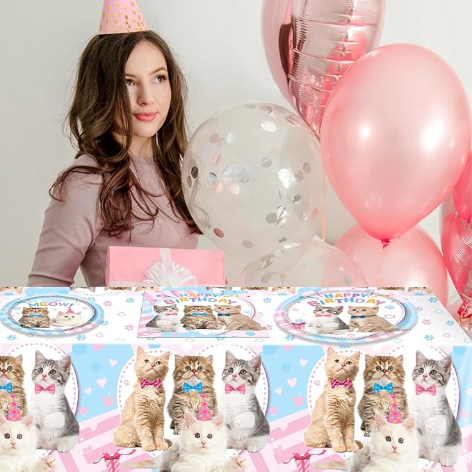 Ryzovo Cat Birthday Party Supplies,62pcs Cat Party Decorations&Tableware Set-Kitten Birthday Party Decorations Dinner Plates Dessert Plates Napkins Tablecloth etc Cat Themed Birthday Party Supplies
