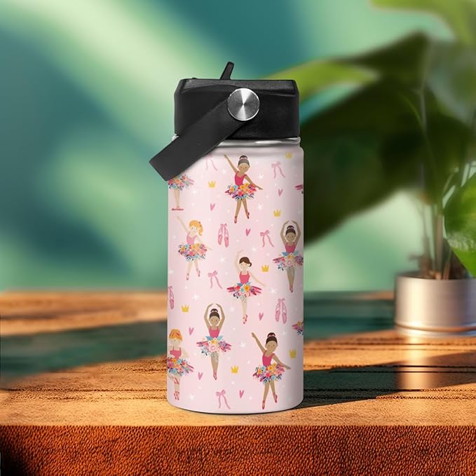 Kids Water Bottle Ballet Water Bottles 12oz with Straw Insulated Stainless Steel Travel School Tumbler Double Wall Vacuum Cup for Girls Kid