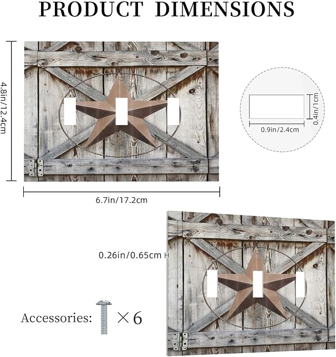 Rustic Western Texas Star Barn Door 3 Gang Light Switch Plate Decorative Wood Triple Toggle Wall Plate Cover Electrical Faceplate Switchcover for Farmhouse Bathroom Home Bedroom Art Panel Decor