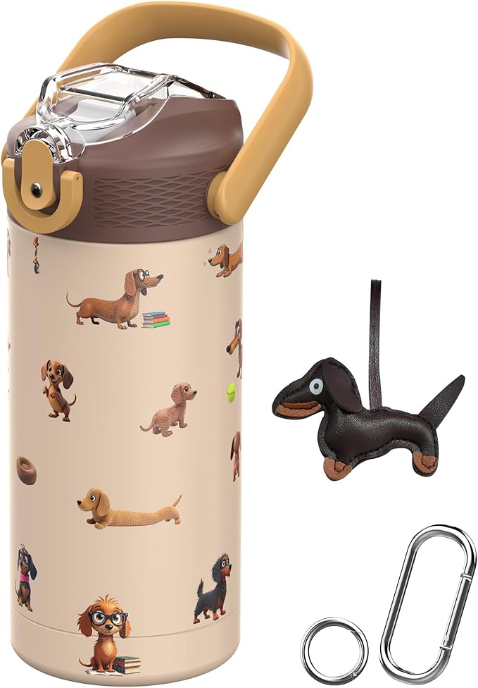 MYFOREST 14oz/400ml Insulated Kids Water Bottle, Odor-Free Surgical Grade Liner, Dishwasher-Safe, Name Spot, Soft Sipper, Gift for Dog Person (Beige. Dachshunds)