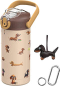 MYFOREST 14oz/400ml Insulated Kids Water Bottle, Odor-Free Surgical Grade Liner, Dishwasher-Safe, Name Spot, Soft Sipper, Gift for Dog Person (Beige. Dachshunds)