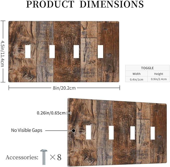 Vintage Board Rustic Brown Wood Texture Light Switch Covers Quad Toggle Electrical Faceplate 4 Gang Wall Plate Decorative Switch Plates Cover for Farmhouse Home Decor