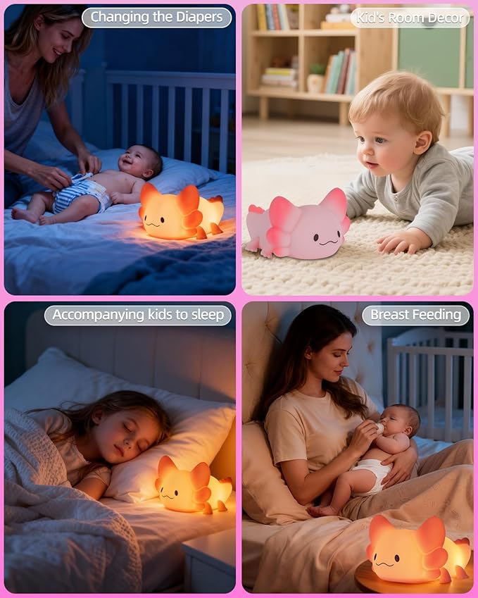 ZKLiLi Night Light for Kids Lamp, 16 Colors Lamp Cute, Dimmable Baby Night Lights for Nursery,Silicone Rechargeable Nightlight for Kids Room, Kawaii Room Decor (Axolotl-Remote)