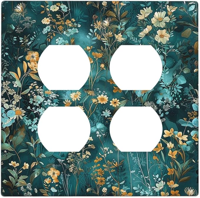 Outlet Covers Green Leaf Floral Boho Golden Flower Plant 2 Gang Double Duplex Decorative Light Switch Covers Electrical Wallplates Socket Faceplate For Bed Room Cabin Decor