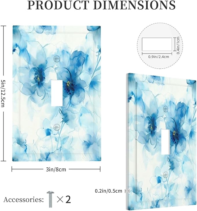 Watercolor Flower Blue White Large Floral Leaf Plants Decorative Light Switch Cover 1 Gang Single Toggle Device Electrical Faceplate Switchplates Decorator Outlet Wall Plate for Bedroom Living Room