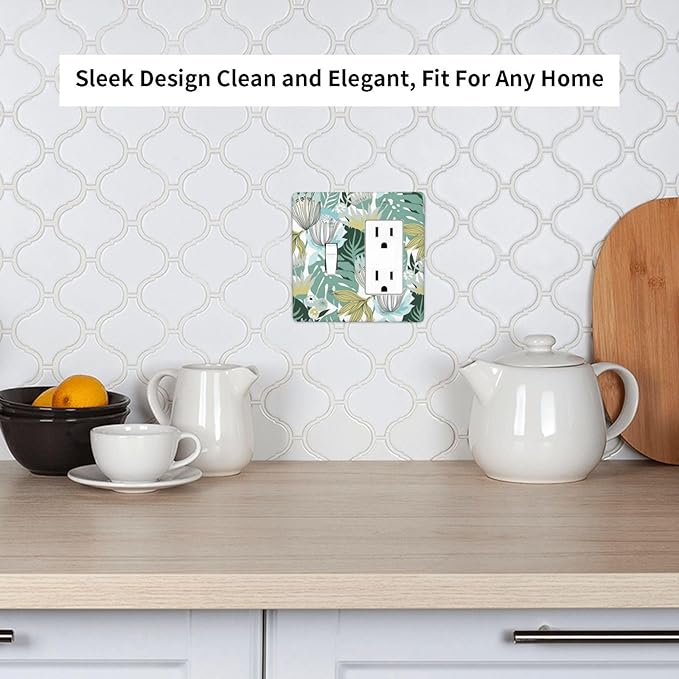 Retro Tropical Leaves 2 Gang Toggle Rocker Combo Wall Plates Decorative GFCI Device Outlet Cover Receptacle Electrical Faceplate Switchplate for Bedroom Bathroom Kitchen Decor
