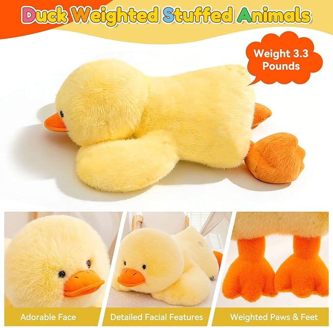QUIRAI Weighted Stuffed Animals Duck Plush, 24" | 3.3 lb Duck Stuffed Animal, Pillowfort Weighted Plush Animals & Cute Plushies Gifts for Kids Adults