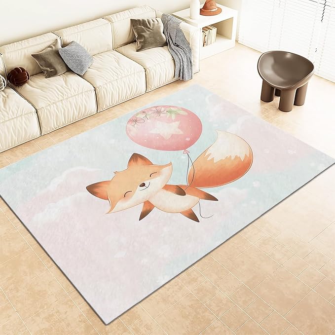 Cartoon Fox Balloon Kids Rugs 3×5ft Cute Animal Washable Soft Kids Bedroom Rugs, Non-Slip Floor Carpet for Living Room Dining Room Nursery Home Decor