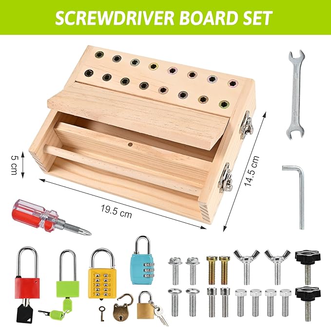 Montessori Screwdriver Board Set, Montessori Toys for 3 4 5 with 6 Locks and Keys, Toddler Screwdriver Toy, Kids Tool Set, Preschool Learning Sensory Toy, Fine Motor Skills Toys