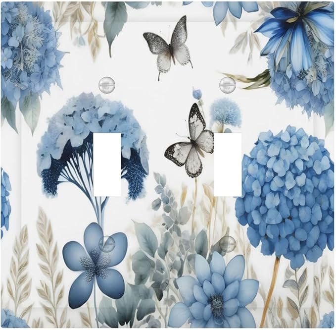 Blue Floral Hydrangea Floral Butterfly Flower Plant Decorative Switch Plates 2 Gang Double Toggle Outlet Light Switch Cover Wall Plate Electrical Faceplate for Bedroom Living Room Decor