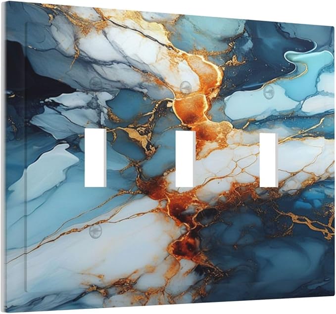 Light Switch Cover Plate Golden Abstract Luxury Marble 3 Gang Triple Toggle Decorative Switch Plates Wall Plates Electrical Switchplate Faceplate for Livingroom Bathroom Decor