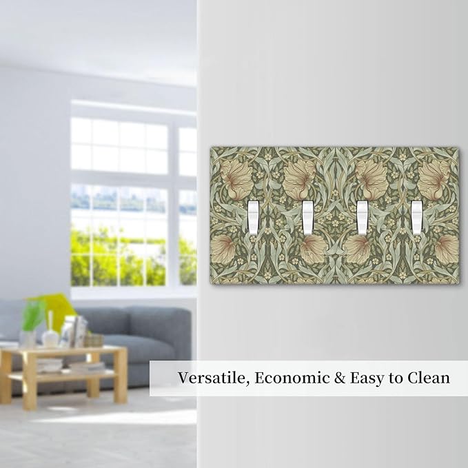 William Morris Pimpernel Flowers Quad Toggle Light Switch Cover Vintage Floral Green Botanical 4 Gang Wall Plate Decorative Electrical Switchplates Covers for Country Bedroom Home Décor