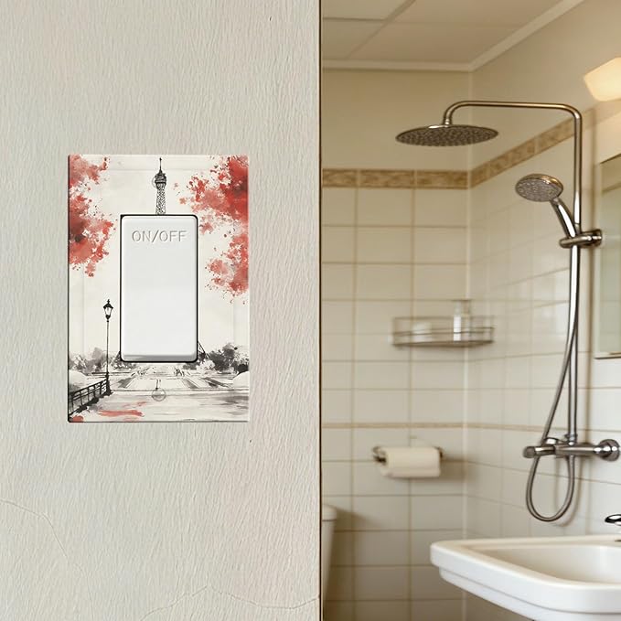 Parisian Watercolor Eiffel Tower Single Rocker Switch Cover - 1-Gang Standard US Size Paris Cherry Blossoms Romantic Light Switch Covers, Vintage French Watercolor for Bedroom Decor