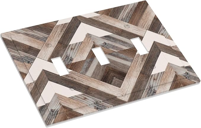 Polygon Collage Abstract Shapes Rustic Wood Panel Print Decorative Switch Plates 3 Gang Wall Plate Triple Toggle Light Switch Cover Faceplate Electrical Wall Panels for Farmhouse Bedroom Decor