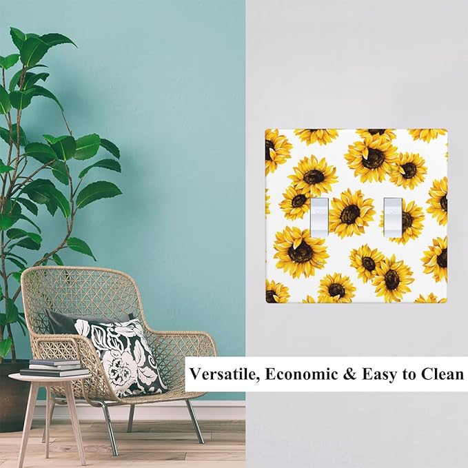 Sunflower Double Toggle Light Switch Cover Yellow Floral Flowers in White Sunflowers Wall Plate Covers 2-Gang Toggle Switch Plates Home Decorative Office