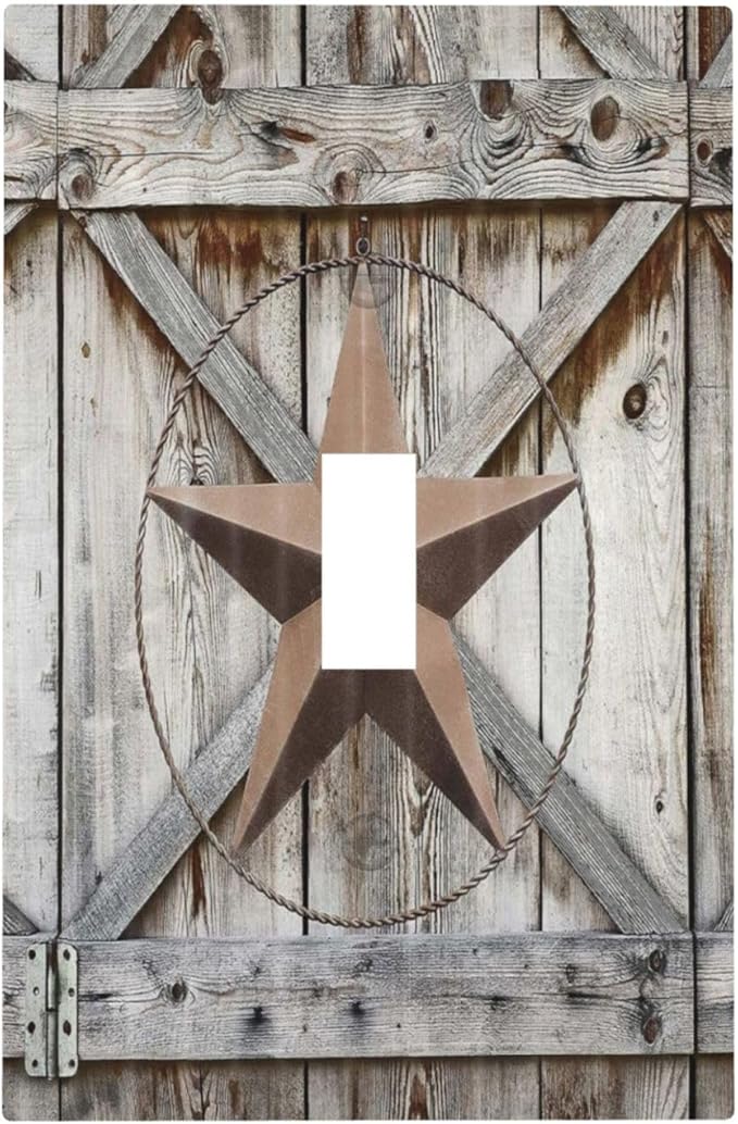 Rustic Western Texas Star Barn Door 1 Gang Light Switch Cover Decorative Single Toggle Wall Plate Switchcovers Electrical Switchplate Home Decor for Farmhouse Living Room Bedroom Bathroom Decorate