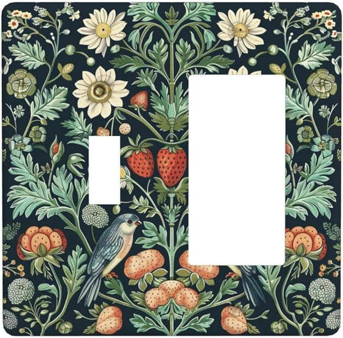 Light Switch Cover Plate Strawberry Birds Flowers Plant Morris Floral 2 Gang Combo Wall Plates Toggle Rocker Decorative Switch Plates and Outlet Covers for Bathroom Bedroom Decor