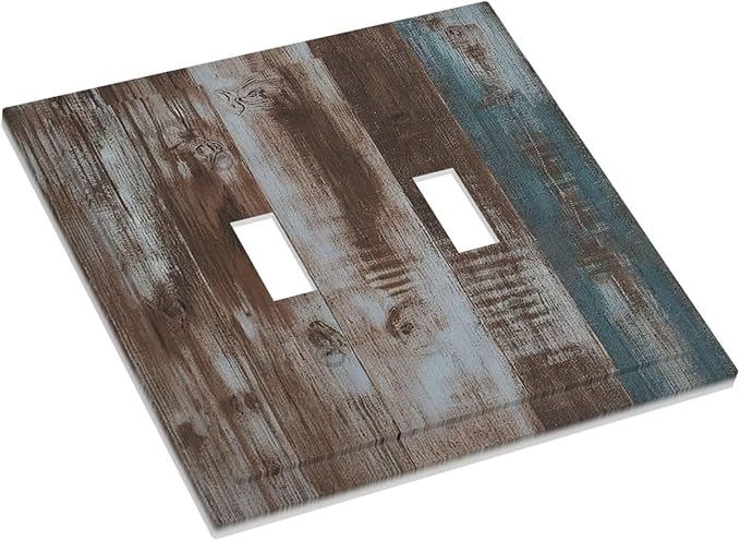 Vintage Blue Brown Wood Grain Decorative Switch Plates 2 Gang Double Toggle Wall Plate Electrical Faceplate Outlet Light Switch Cover for Bedroom Farmhouse Decor
