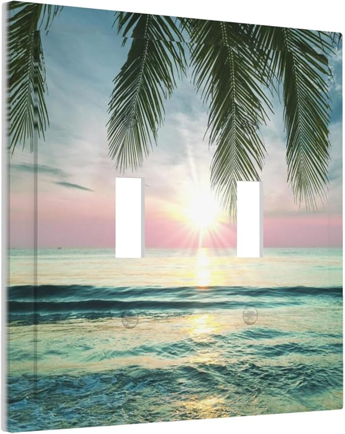 Tropical Beach Sunset Double Toggle Switch Cover - 2-Gang Standard US Size Palm Fringe Ocean View Light Switch Covers for Pool Beach House Decor