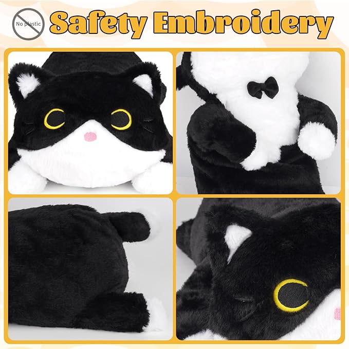 Weighted Cat Stuffed Animal,Cute Black and White Tuxedo Cat Plush Soft Weighted Plushies, Cuddleable Sensory Comfort Pillow for Kids Boys Girls Christmas Birthday Gift，17in 1.6lbs