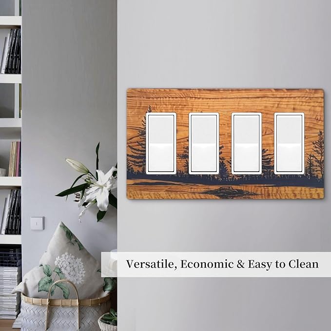 Forest Woods Decorative 4 Gang Quad Decorator Rocker/GFCI Outlet Light Switch Cover Pine Tree Lodge Cottage Barn Cabin Woodland Wooden Jungle Rustic Vintage Wall Plate Electric Faceplate Screwless