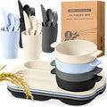 24 Pcs Wheat Straw Dinnerware Cutlery Set for Aldult Including Divided Plates Microwave Dishwasher Safe Bowl Unbreakable Tableware Straw Cutlery Spoon Knife Fork(Vivid Color)