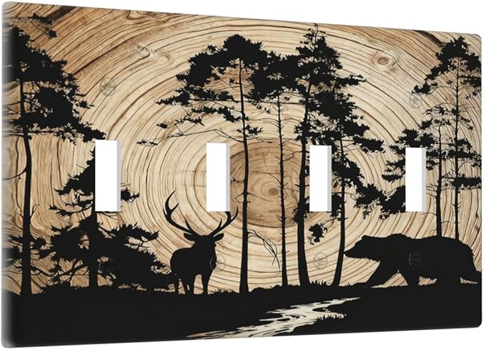 Rustic Forest Antler Black Bear Deer Silhouettes Light Switch Covers Quad Toggle Electrical Faceplate 4 Gang Wall Plate Decorative Switch Plates Cover for Farmhouse Home Decor