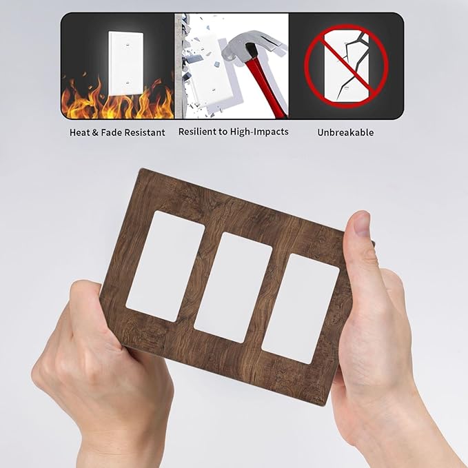 Light Switch Covers Rustic Vintage Wood Grain Brown 3 Gang Rocker Electrical GFCI Decorative Triple Outlet Wall Plate Cover Switchplate for Farmhouse Cabin Decor