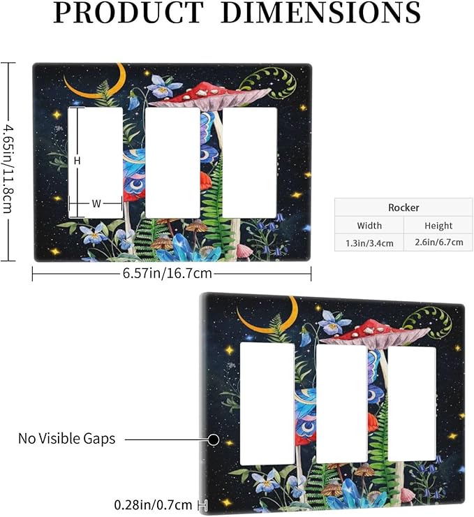 Moon Snail Boho Moth Mushroom 3 Gang Three Gfci/Decorator Receptacle Switch Face Wall Plate Black Witchy Fantasy Botanical Butterfly Decorative Triple Rocker Light Switch Cover for Dimmer Screwless