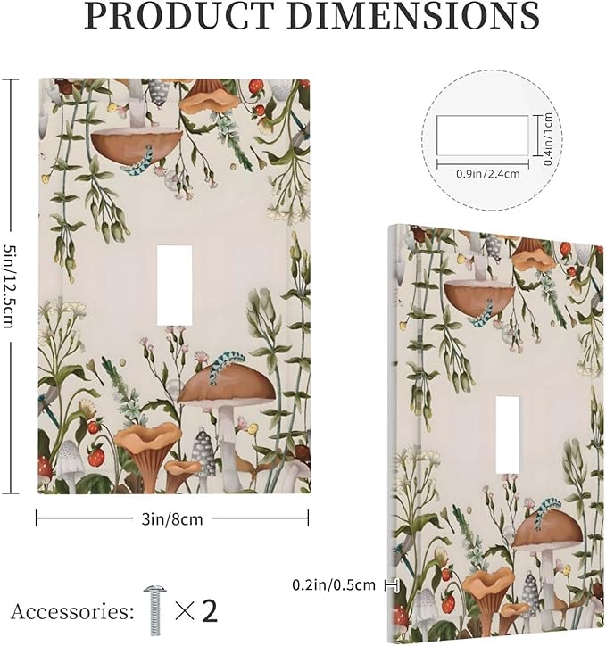Boho Mushroom Forest Plants Wildflowers Insects Decorative Light Switch Cover 1 Gang Single Toggle Device Electrical Faceplate Switchplates Decorator Outlet Wall Plate for Kids Room Home Decor