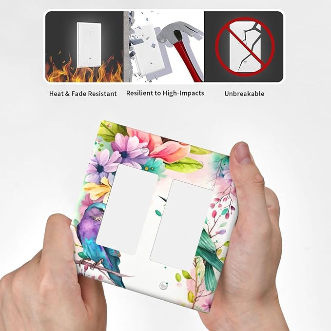 Bird Floral Flower Double Gang Rocker Decorative Light Switch Cover, 2-Gang Wall Plate Outlet Cover
