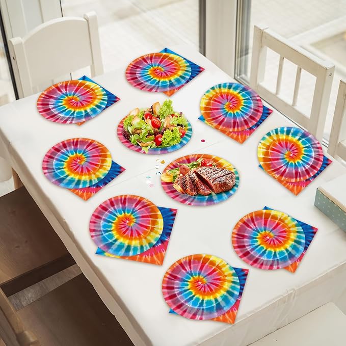 48Pcs Tie Dye Paper Plates and Napkins Rainbow Tie Party Decorations Dye Birthday Party Supplies Colorful Disposable Dinnerware Tableware for Adult Kids Girls Boys Hippie Baby Shower Serves 24