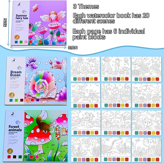 JUNQIU 3Pack Water Color Paint Sets for Kids, Paint With Water Books, Pocket Watercolor Painting Book, Arts and Crafts for Girls Gifts,Stocking Stuffers For Kids