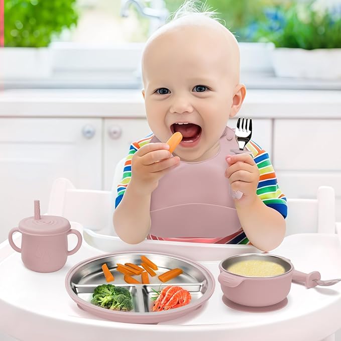 MISSLILI Stainless Steel Kids Plates and Bowls Set with Suction, Divided Baby Plate and Toddler Bowl with Removable Silicone Suction,Stainless Steel Weaning Bundle, Silicone Baby Feeding Set (Pink)