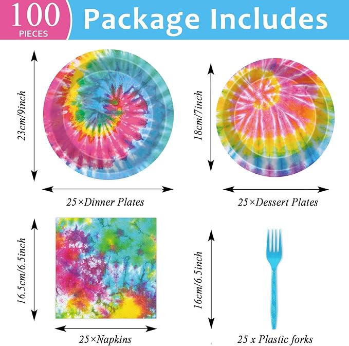 Qyeahkj 25 Guests Tie-Dye Party Supplies, Tie-Dye Party Plates Napkins Forks Set for Tie-Dye Birthday Party Decorations Boys Tie-Dye Birthday Party Supplies Favors (QY0103)