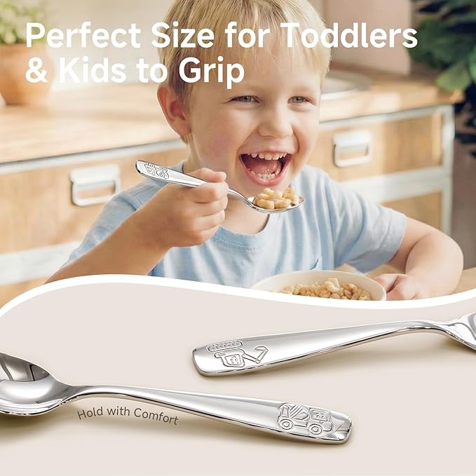 KINGSTONE Toddler Silverware Set, 12 Pieces Kids Utensils - 6 Forks & 6 Spoons, 18/10 Stainless Steel Food-Grade Kids Flatware, Construction Vehicle, Digger & Dump Truck Dishes, Dishwasher Safe