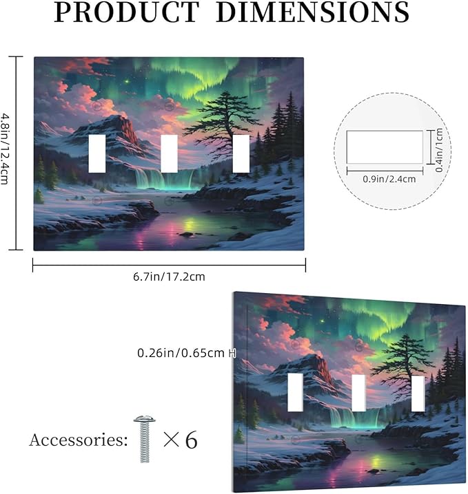 Snow Mountain Aurora Waterfalls Rivers Forest Decorative Switch Plates 3 Gang Wall Plate Triple Toggle Light Switch Cover Faceplate Electrical Wall Panels for Bedroom Living Room Decor