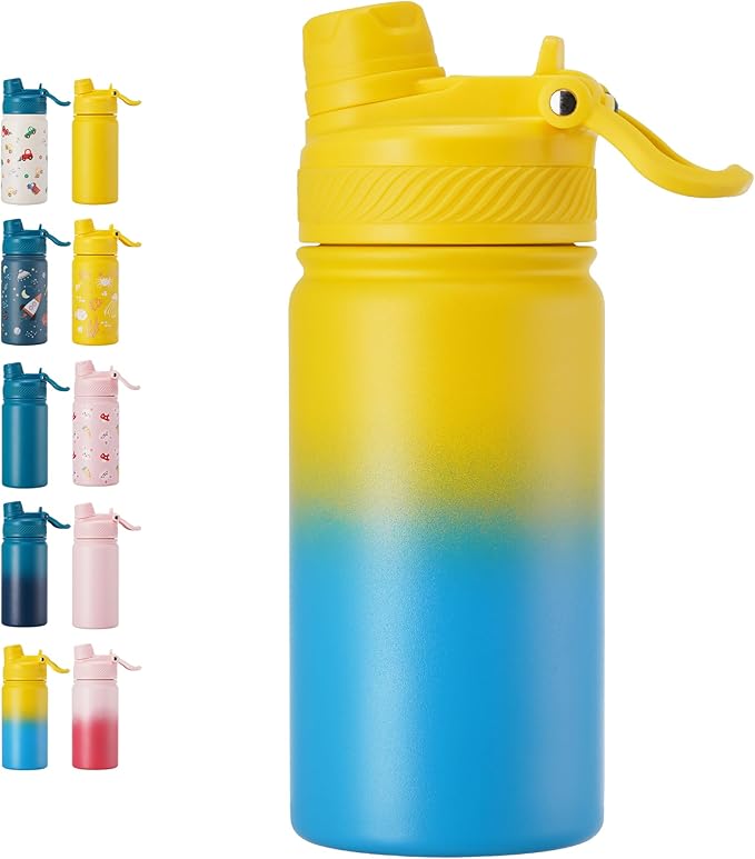 12 oz Kids Water Bottle, 2-in-1 Stainless Steel Vacuum Insulated Water Bottle for Toddler, Spout & Straw, Double Wall Thermal Flask for Boys&Girls, School, Outdoor, Travel (Gradient Yellow & Blue)
