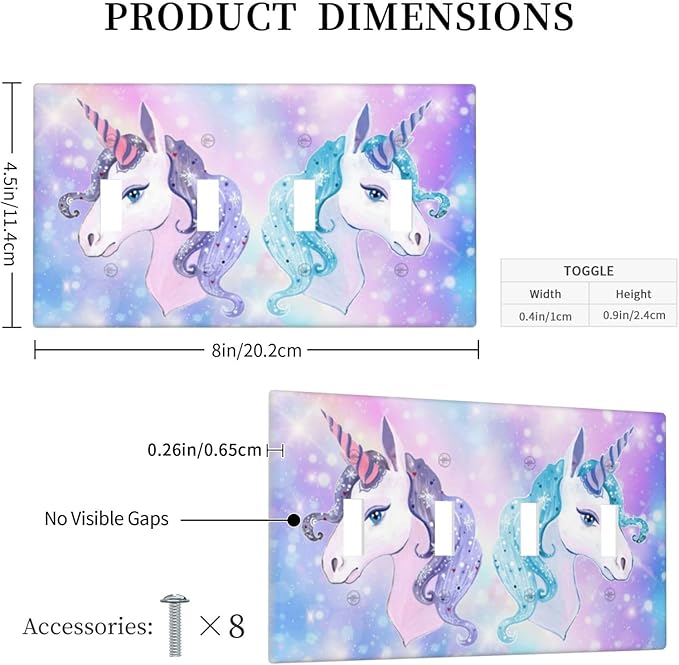 Girl Purple Pink Rainbow Blue Unicorn Decorative 4 Gang Quad Toggle Light Switch Cover Electric Large Size Quadruple Faceplate Decorative Switch Face Wallplate