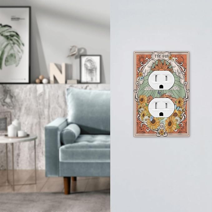 Boho Retro Sun Sunflower Vintage Flower Butterfly Outlet Covers 1 Gang Duplex Light Switch Cover Decorative Switch Plates Electrical Receptacle Faceplate Wall Plate for Farmhouse Home Decor