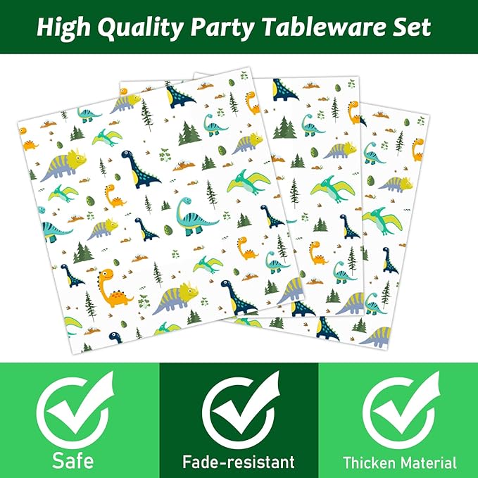 Wiooffen 96 Pcs Dinosaur Party Plates Napkins Watercolor Dinosaur Paper Tableware Supplies Set Cartoon Dino Disposable Dinnerware Decoration for Birthday Party Baby Shower, 24 Guests